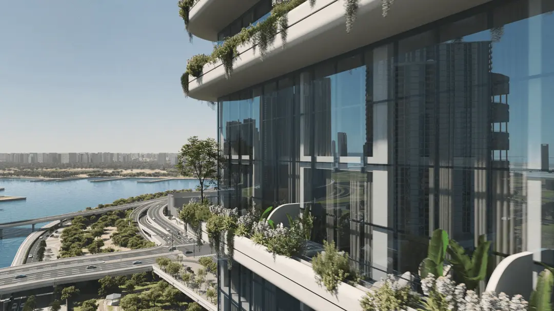 Aerial view of Reportage Tower highlighting modern architecture, waterfront location, and prime Abu Dhabi luxury real estate.